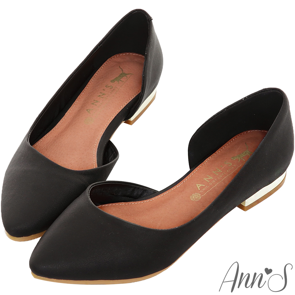 Ann’S成熟高雅-金跟側空尖頭平底包鞋-黑