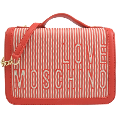 moschino love系列條紋logo帆布翻蓋斜背包(紅/白)