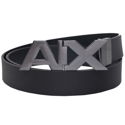 ARMANI EXCHANGE 炭黑金屬AX字母LOGO高質感牛皮皮帶(黑/42)