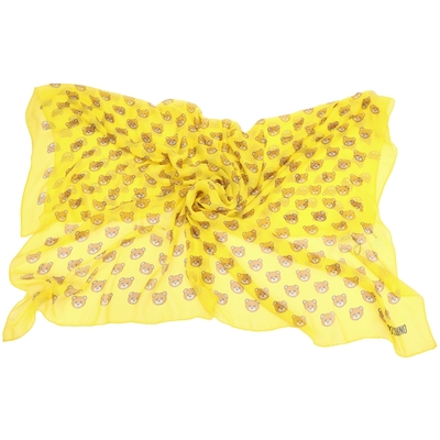 MOSCHINO 純絲 泰迪熊印花黃色大方巾 圍巾