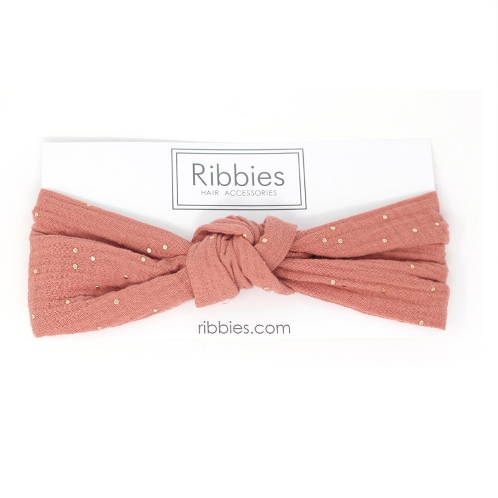 英國Ribbies成人寬版扭結髮帶-磚紅金點點