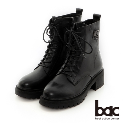 【bac】經典雙色感綁帶金屬飾扣裝飾短靴-黑色