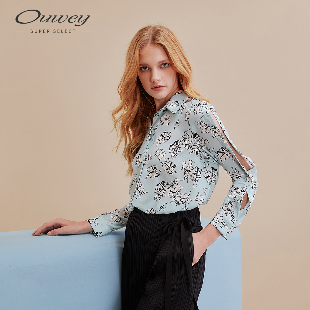 OUWEY歐薇 淡雅黑白花朵多變化襯衫(藍) | 短袖 | Yahoo奇摩購物中心