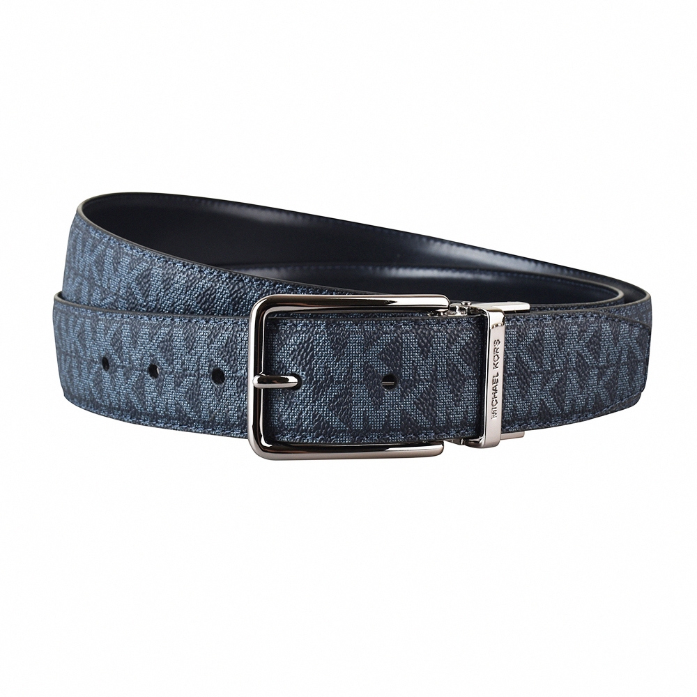 MK MICHAEL KORS 字母LOGO印花PVC搭配牛皮雙面扣式皮帶(寬版/海軍藍x藍)