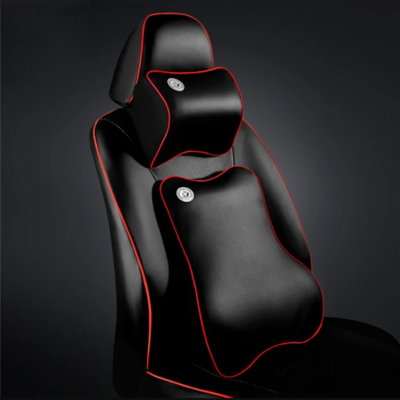 【super舒馬克】航太科技輕量太空記憶棉純手工皮製汽車頭枕腰靠組 黑色紅邊