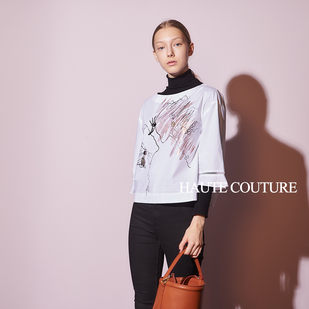 Haute Couture 高定系 時尚手繪印花3D鑲飾100%高磅棉造型上衣-白