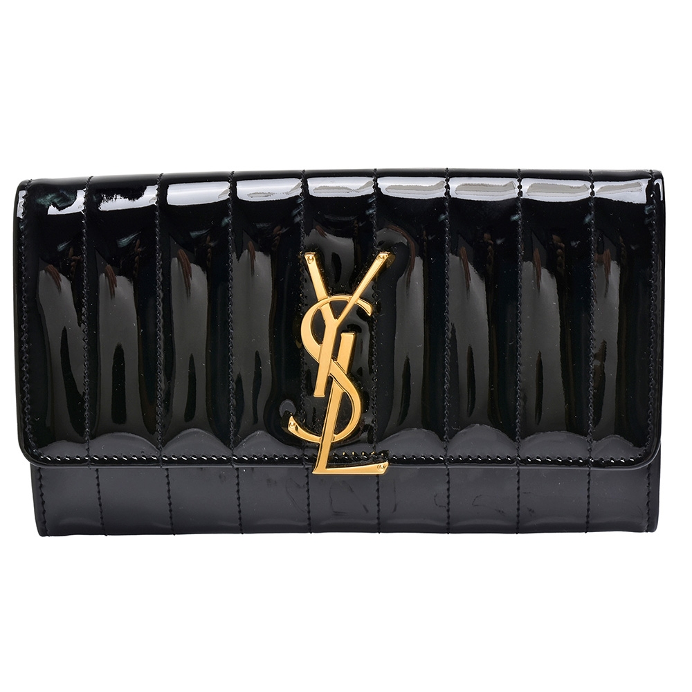 YSL 經典金屬品牌LOGO直紋漆皮暗釦長夾(黑色)