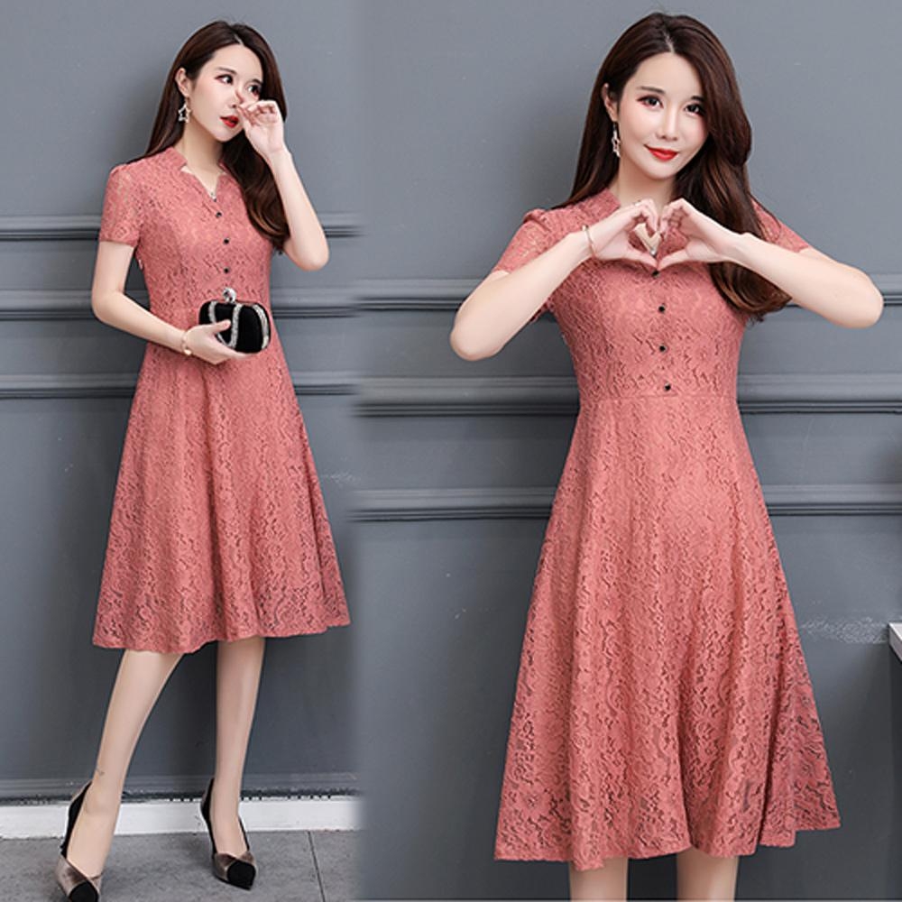 【韓國K.W.】韓新品簡約蕾絲V領洋裝-2色