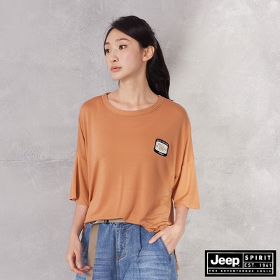 JEEP 女裝 天絲棉涼感寬版五分袖T恤 -橘色