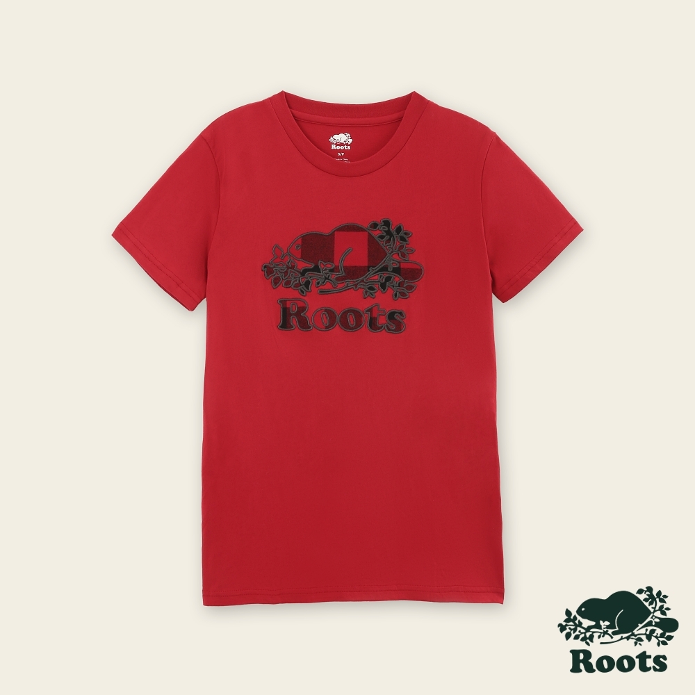 Roots女裝-經典小木屋系列 格紋海狸LOGO短袖T恤-紅色