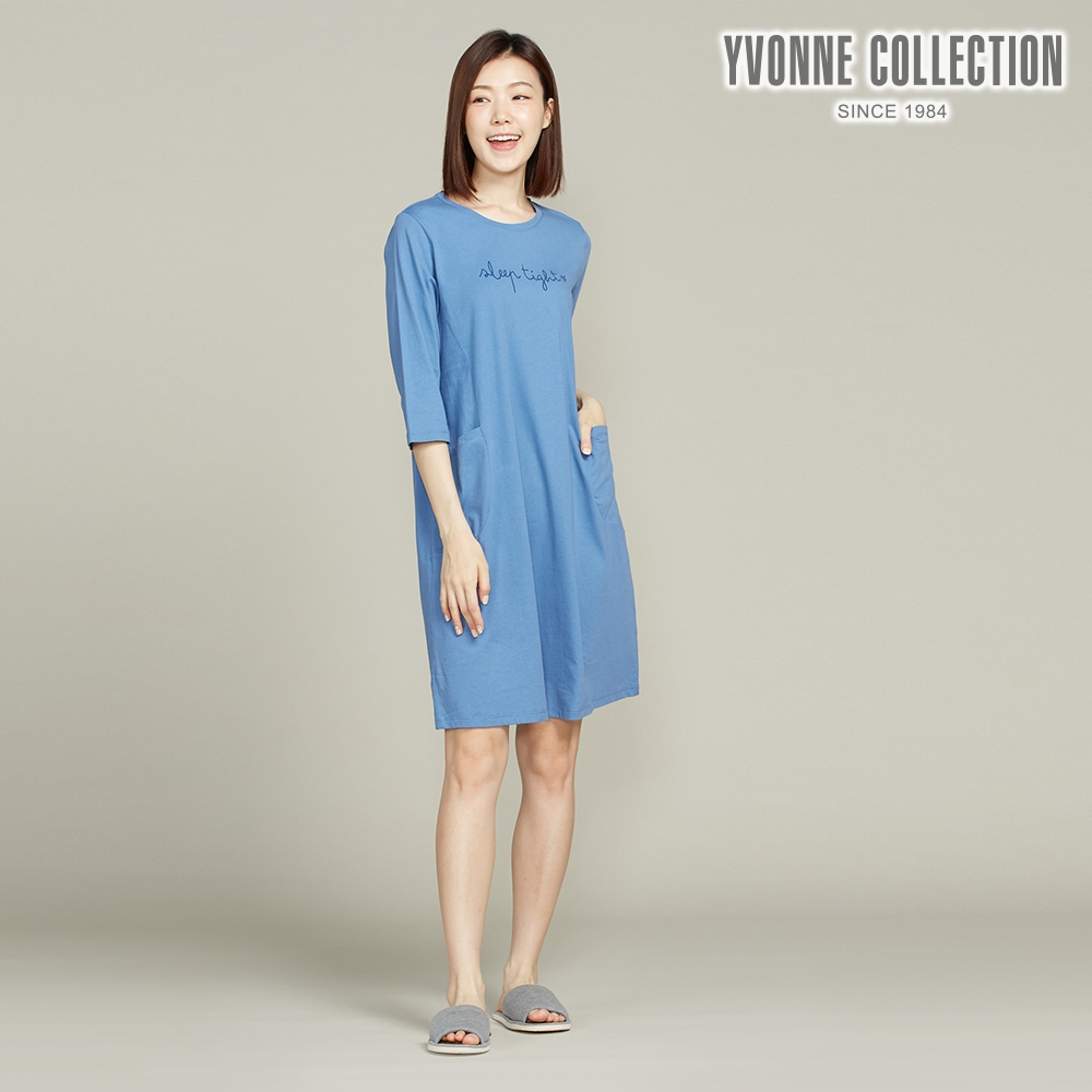 YVONNE 以旺傢飾 CBD舒眠網印七分袖洋裝-藍