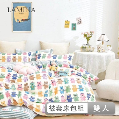 LAMINA 雙人 小萌寵 100%純棉四件式兩用被套床包組