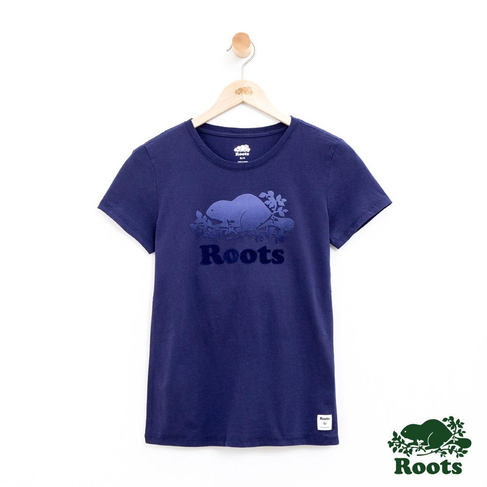 女裝Roots 漸層海狸LOGO短袖T恤-藍