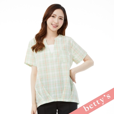 betty’s貝蒂思 假兩件格紋V領壓摺上衣(淺綠)