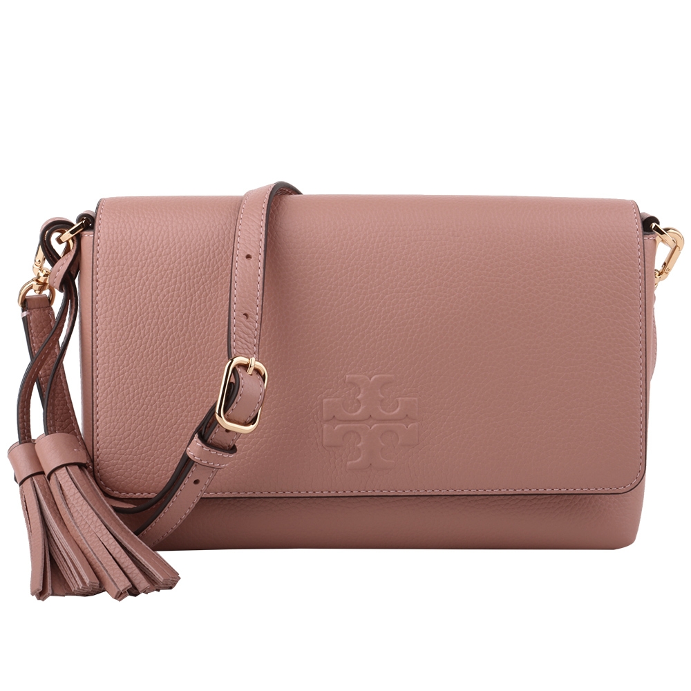 TORY BURCH  雙T 荔枝紋皮革大流蘇斜背包(霧粉)