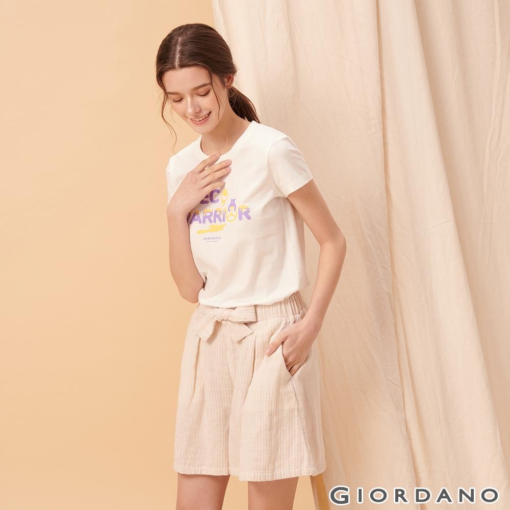 GIORDANO 女裝棉麻蝴蝶結綁帶短褲-62 白/淺咖啡線條