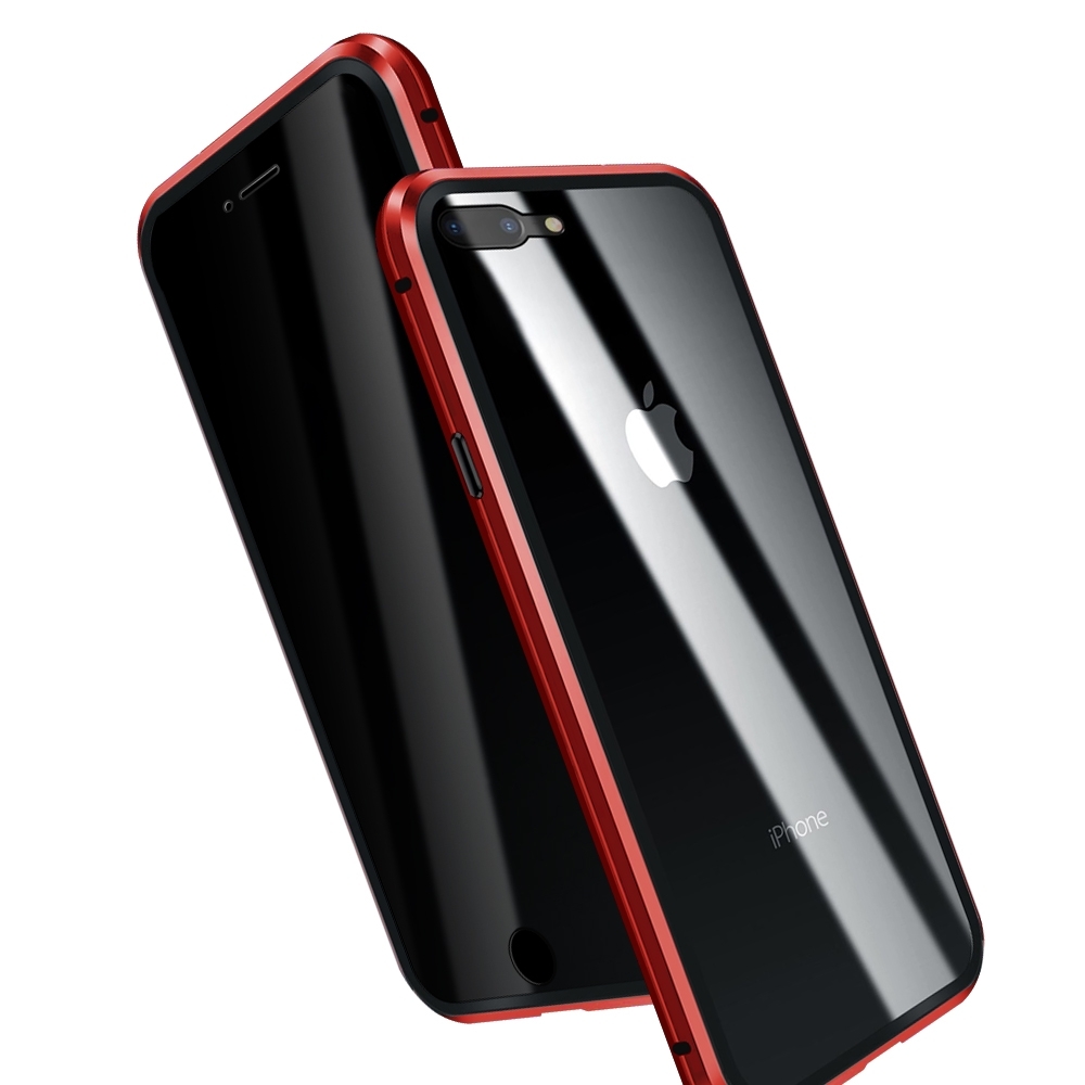 iPhone7Plus iPhone8Plus 手機殼 金屬 防窺 全包覆 磁吸雙面玻璃殼 紅色 (iPhone7Plus手機殼 iPhone 8 Plus手機殼)