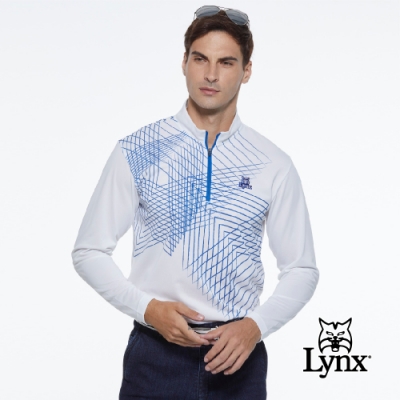 【Lynx Golf】男款吸濕排汗科技線條感山貓繡花長袖立領POLO衫-白色