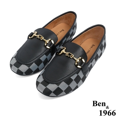 Ben&1966高級頭層牛皮流行格紋樂福鞋-黑(228021)