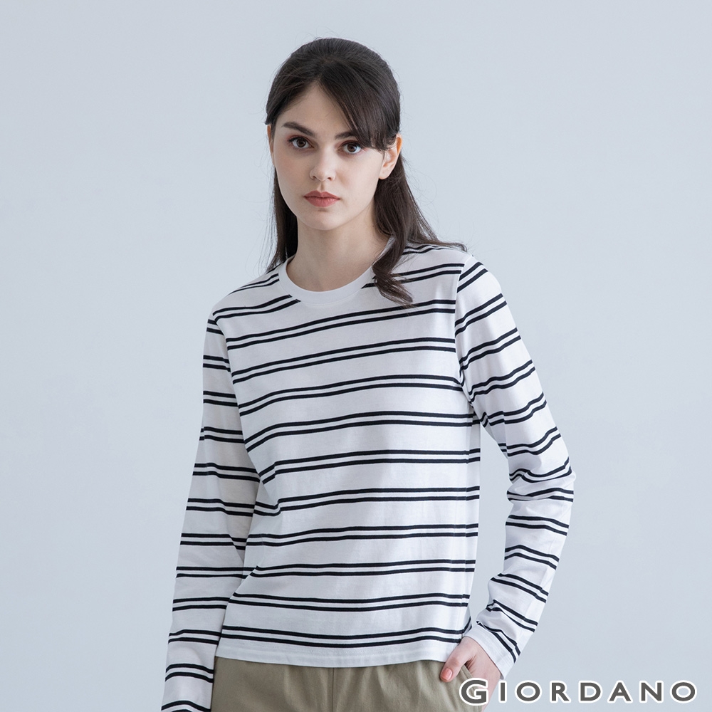 GIORDANO 女裝純棉條紋長袖T恤 - 07 皎白X標誌黑