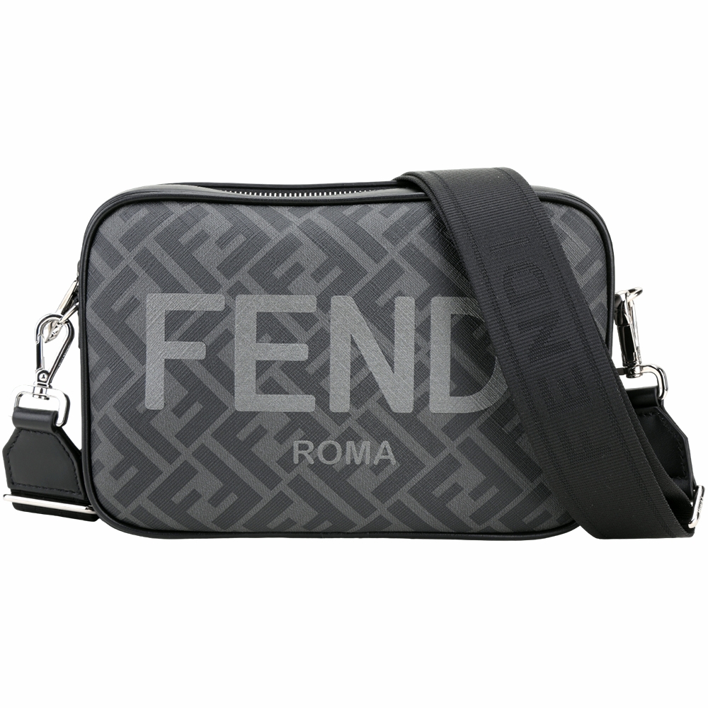 FENDI Roma 中型 字母老花帆布牛皮手拿/斜背相機包(黑灰色)