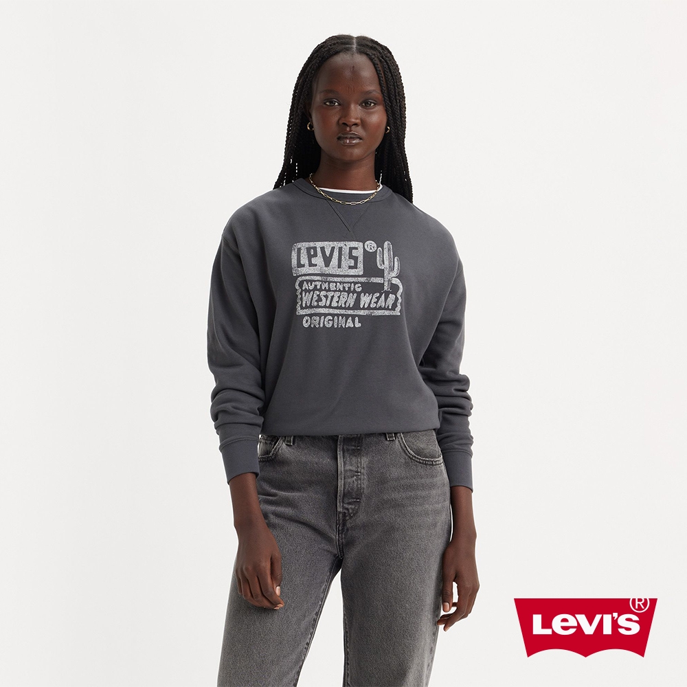 Levis 女款 重磅大學Tee / 美式休閒印花 300GSM厚棉 黑