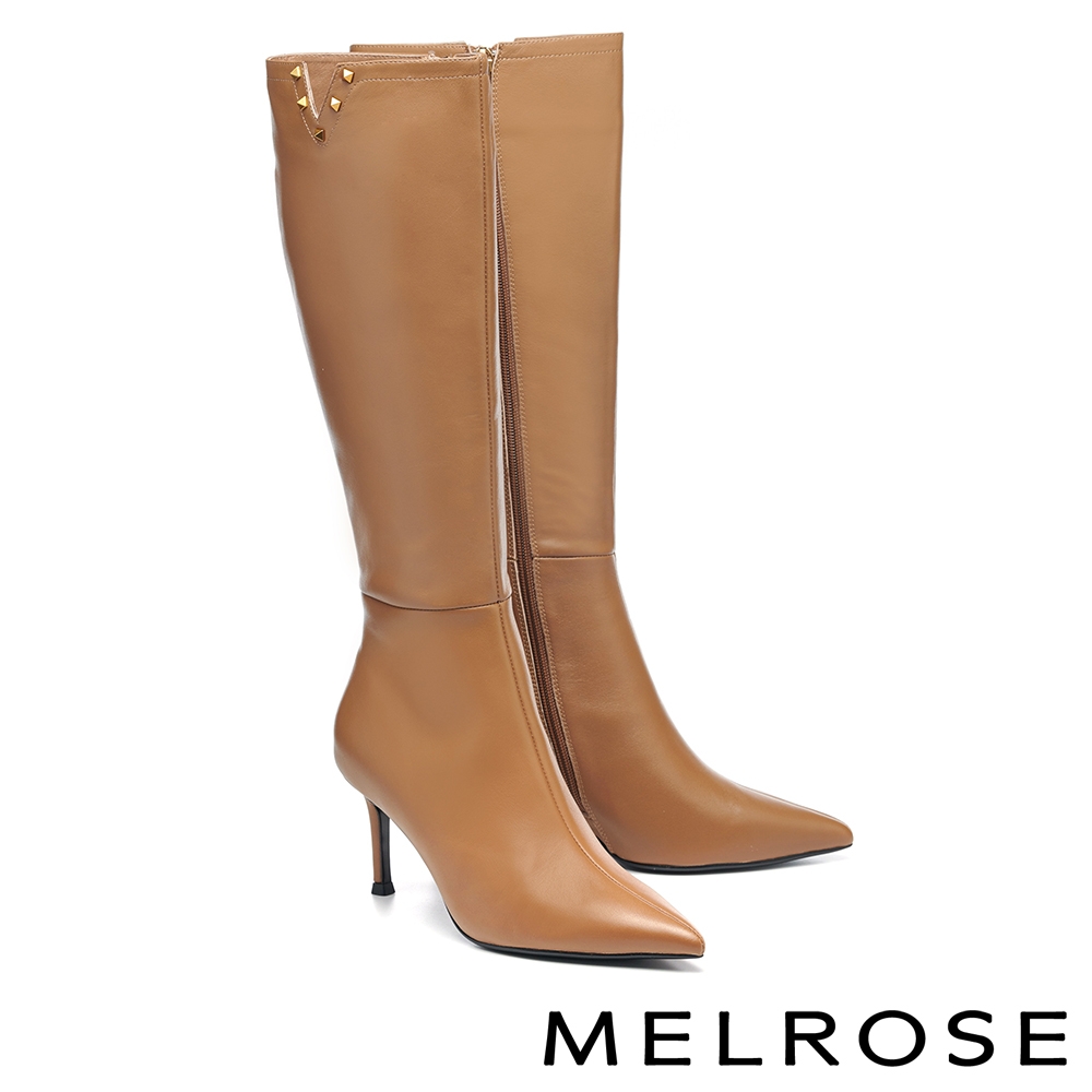 長靴 MELROSE 質感時髦鉚釘V型牛皮尖頭高跟長靴－棕