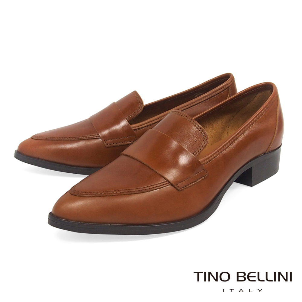 Tino Bellini 義大利進口簡約真皮尖楦低跟樂福鞋 _ 棕