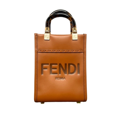 FENDI Mini Sunshine Shopper 迷你 皮革 玳瑁提把 手提 斜背包 肩背包 棕色