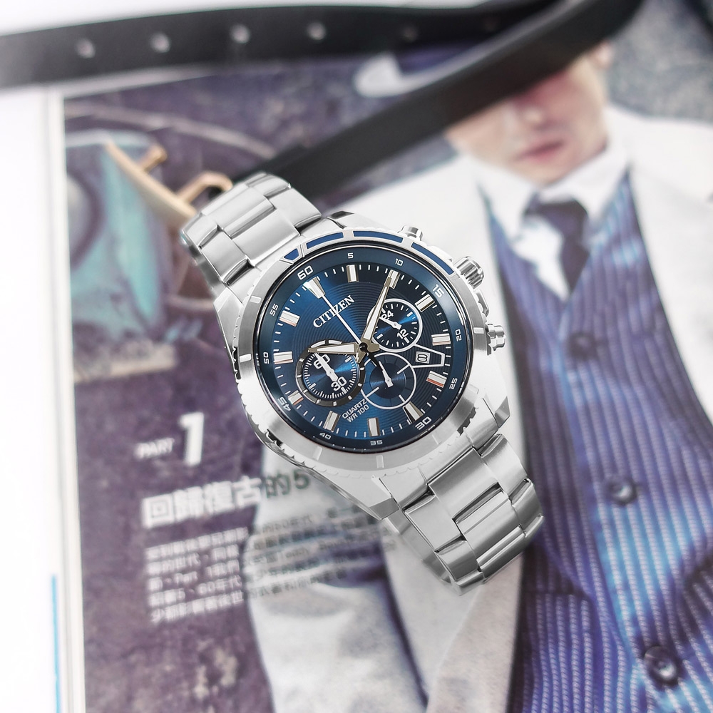 CITIZEN 星辰表 / AN8201-57L / 經典商務 三眼計時 日期 防水100米 不鏽鋼手錶-藍色/43mm