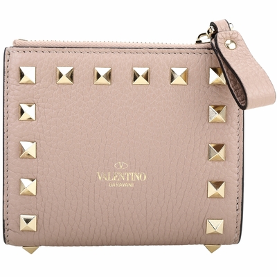 VALENTINO Rockstud 鉚釘荔紋小牛皮釦式短夾(粉色)