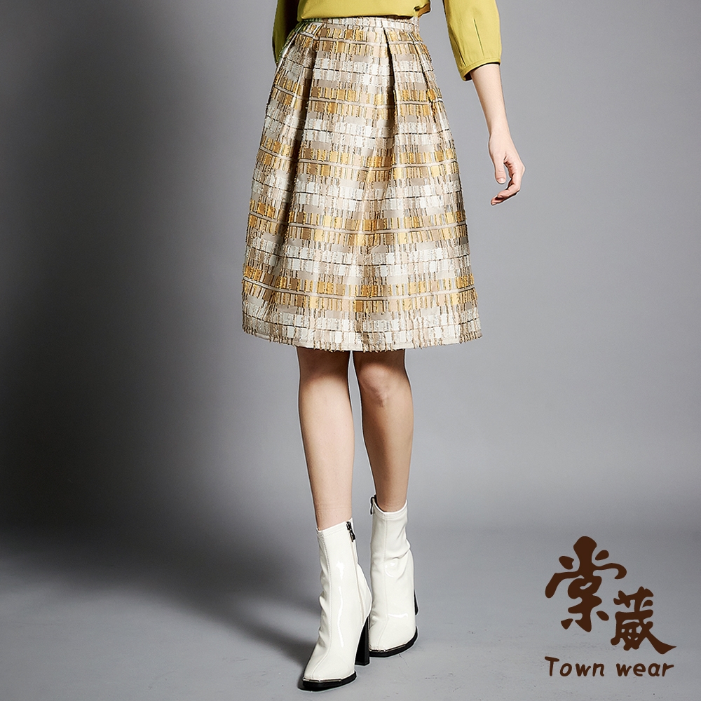 【TOWNWEAR棠葳】典雅立體格紋緹花中長裙(女下身/女下著/裙子/拉鍊/滿版/拼接/撞色/套裝)