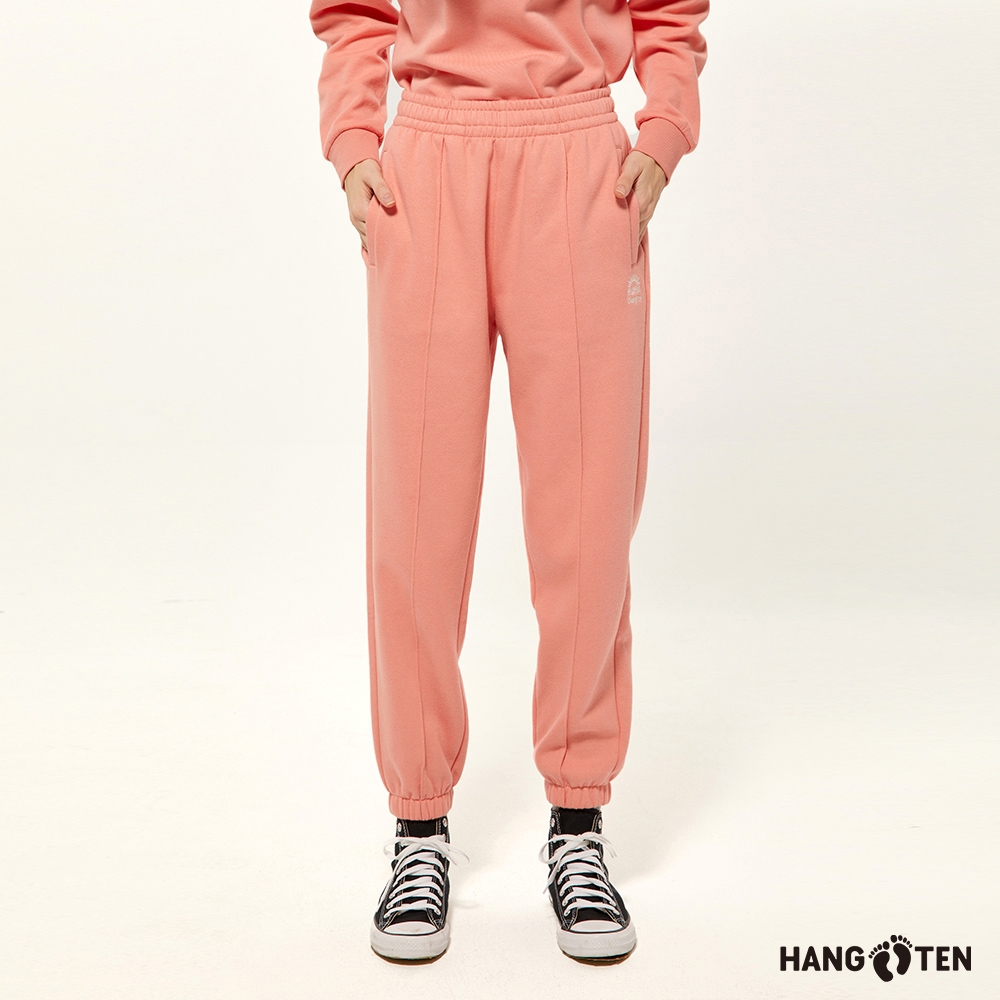 Hang Ten-女裝-JOGGER FIT保暖內刷毛束口鬆緊抽繩休閑運動針織長褲-橘粉