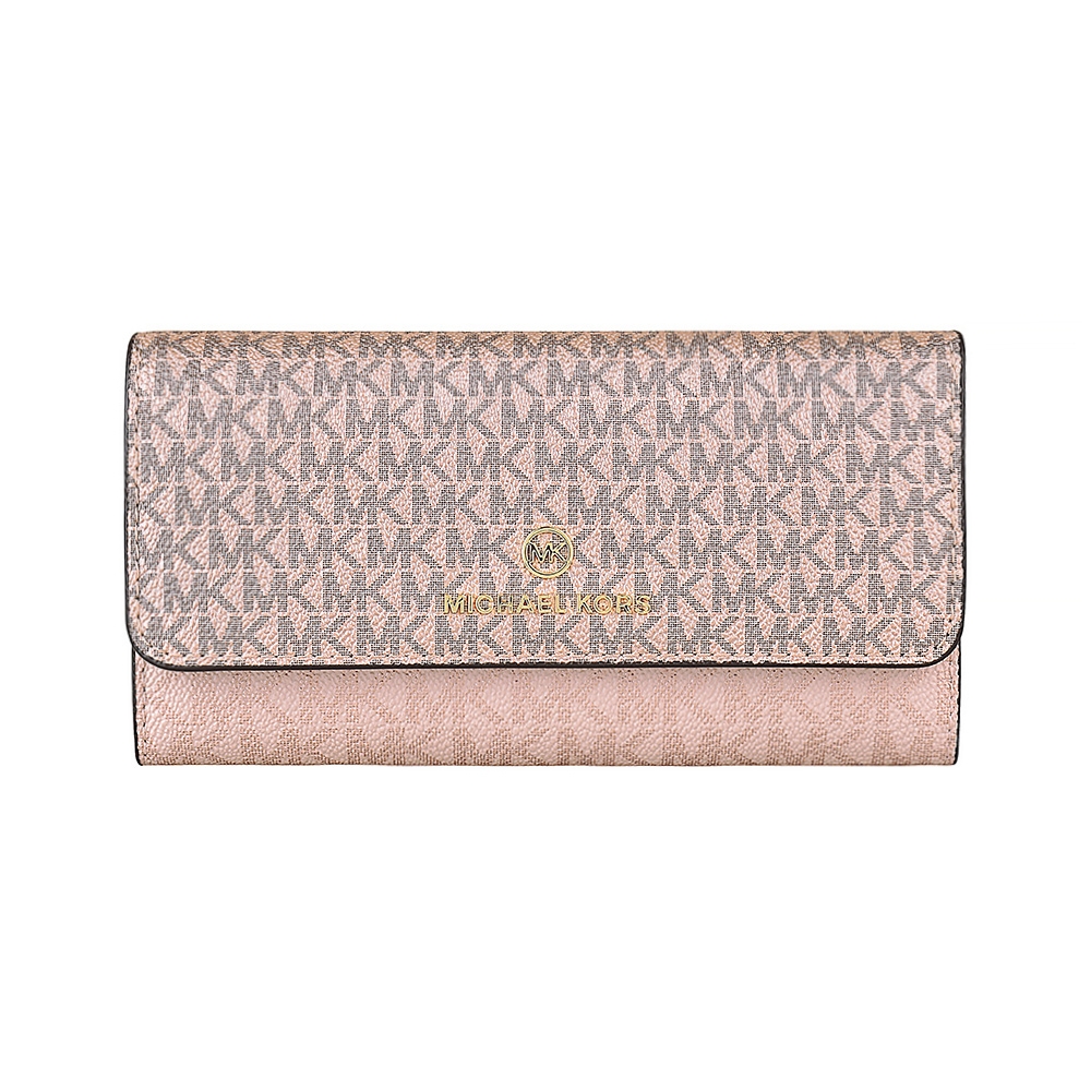 MK MICHAEL KORS  JET SET CHARM圓標LOGO撞色滿版印花PVC 16卡釦式三折長夾(芭蕾粉x多色)