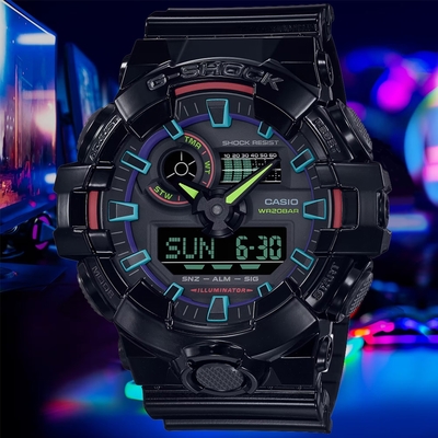 CASIO 卡西歐 G-SHOCK 虛擬彩虹雙顯腕錶 母親節 禮物 53.4mm / GA-700RGB-1A