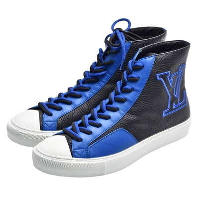 LV FA0231-BL 品牌LOGO牛皮高筒休閒鞋(黑藍色)