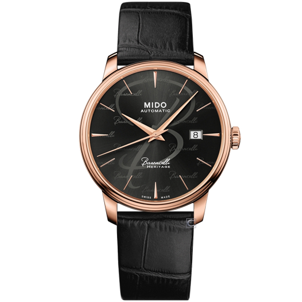 MIDO 美度官方授權 Baroncelli 特別面盤 超薄復刻機械錶-黑/39mm M0274073605100