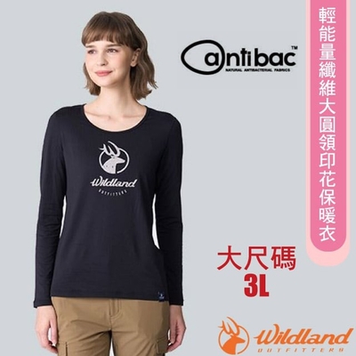 【荒野 WildLand】女 輕能量纖維大圓領印花長袖保暖衣(大尺碼3L)_0B12663-54 黑