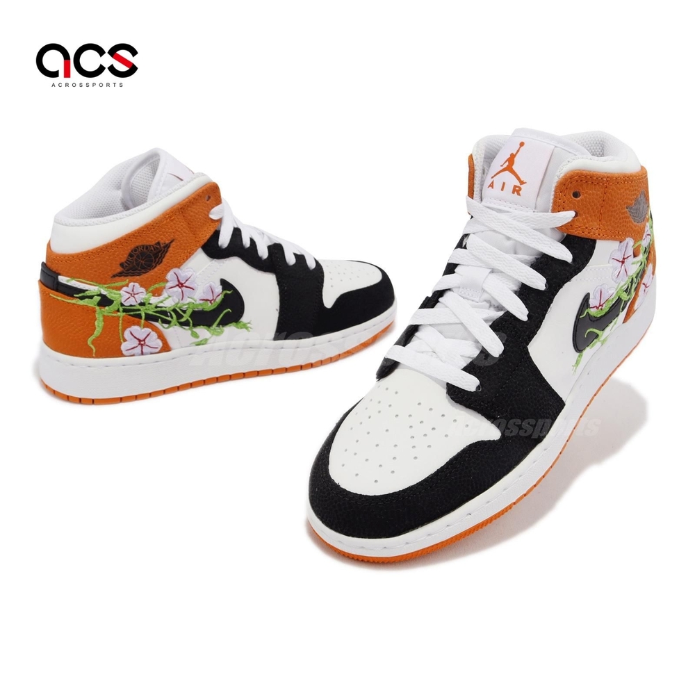 Nike Air Jordan 1 Mid SE GS 大童鞋女鞋橘黑Floral AJ1 花休閒鞋