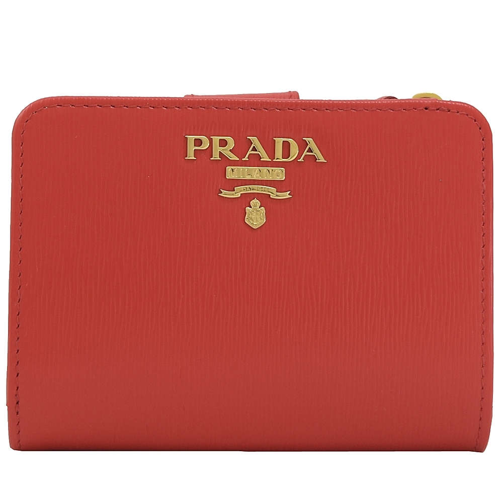 PRADA 金屬LOGO水波紋牛皮釦式零錢中短夾(紅)