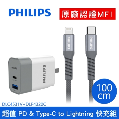 【Philips飛利浦】Type-C to Lightning手機線+PD雙孔充電器組1M