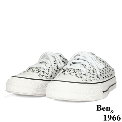 Ben&1966高級頭層牛皮流行牛仔燙鑽布休閒穆勒鞋-白(206272)