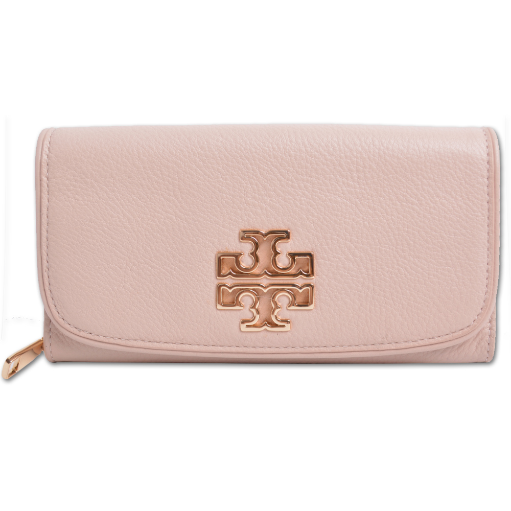 TORY BURCH BRITTEN 金屬立體大LOGO全皮革翻蓋長夾-粉膚色