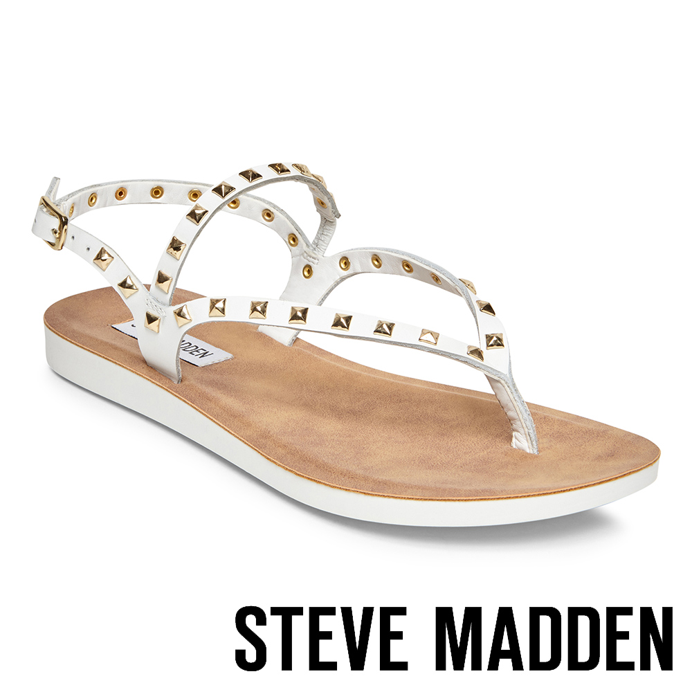STEVE MADDEN-KNOX 金色鉚釘羅馬繫帶平底涼鞋-白色