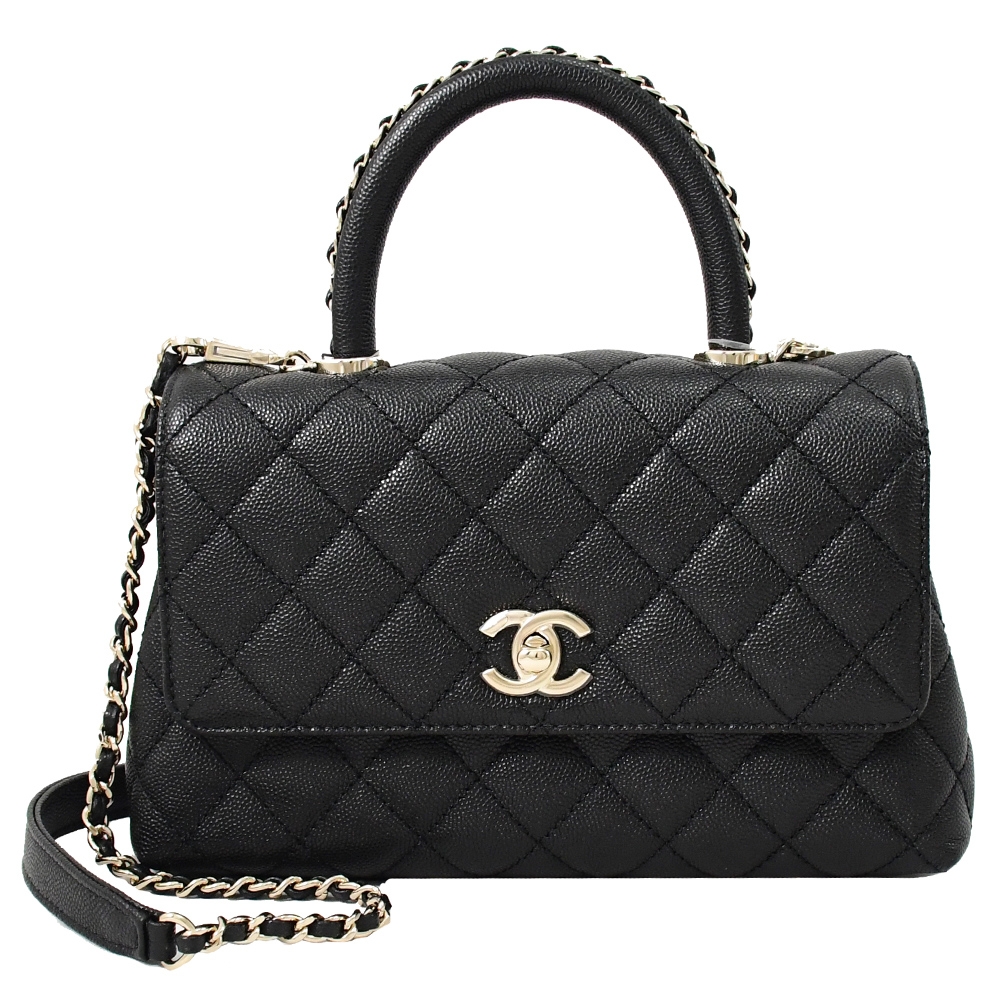 CHANEL COCO HANDLE 22cm 經典CC LOGO小牛皮金鍊雙層兩用翻蓋鍊包(黑/金)