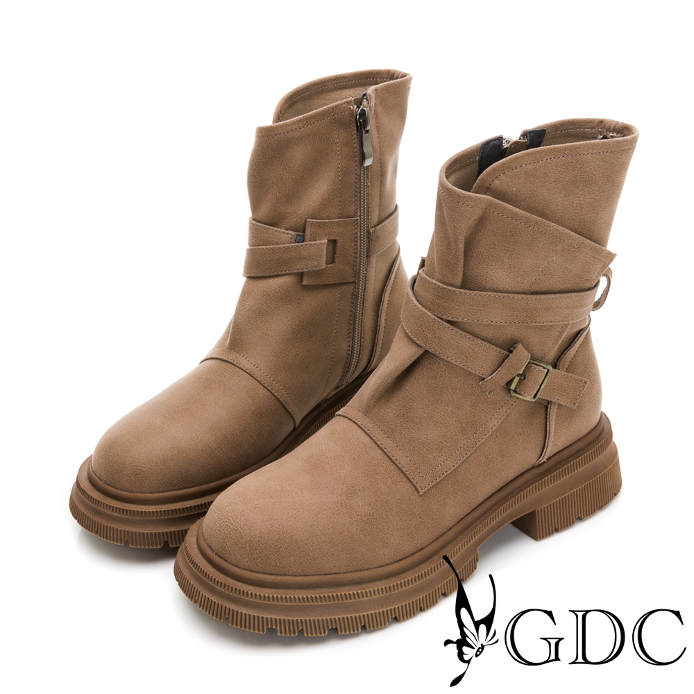 GDC-西部工業風側釦厚底設計感真皮中筒靴-咖啡色