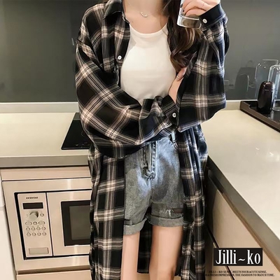 JILLI-KO 慵懶風格子中長款休閒長袖襯衫- 黑色
