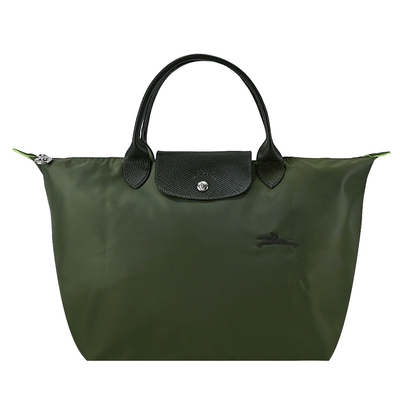 LONGCHAMP LE PLIAGE GREEN系列刺繡短把再生尼龍摺疊水餃包(中/森林綠)