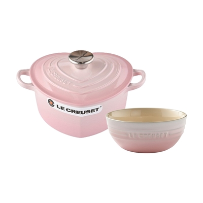 Le Creuset 琺瑯鑄鐵愛心鍋 20cm 1.9L+韓式湯碗 貝殼粉