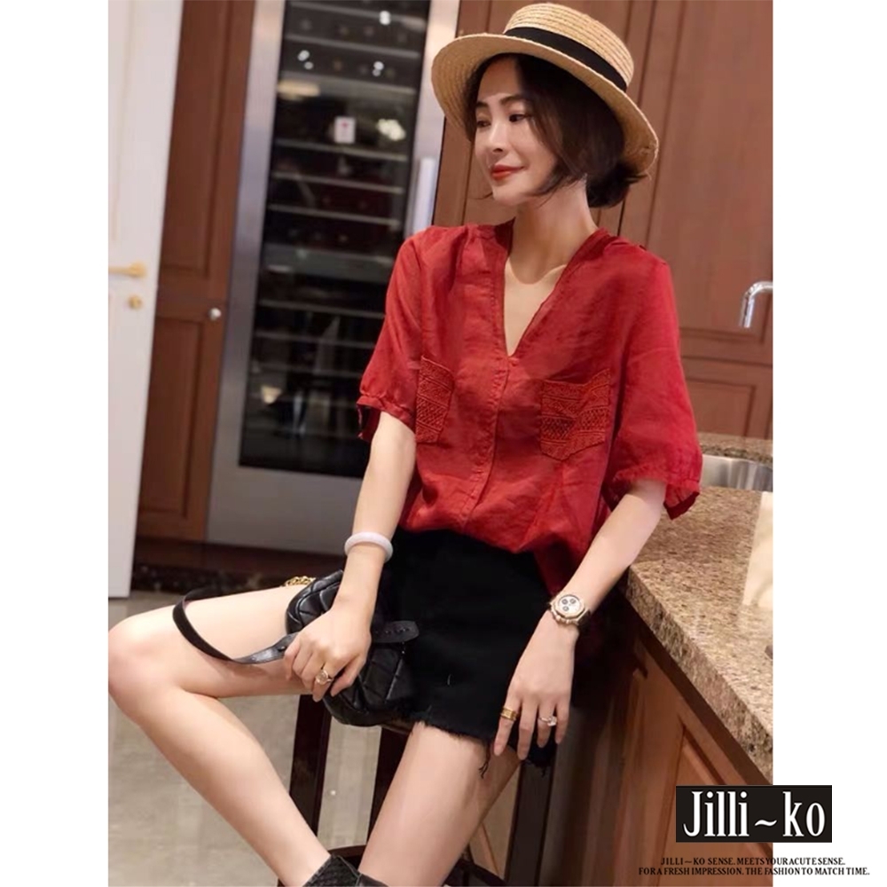 JILLI-KO 薄款亞麻感襯衫- 紅色